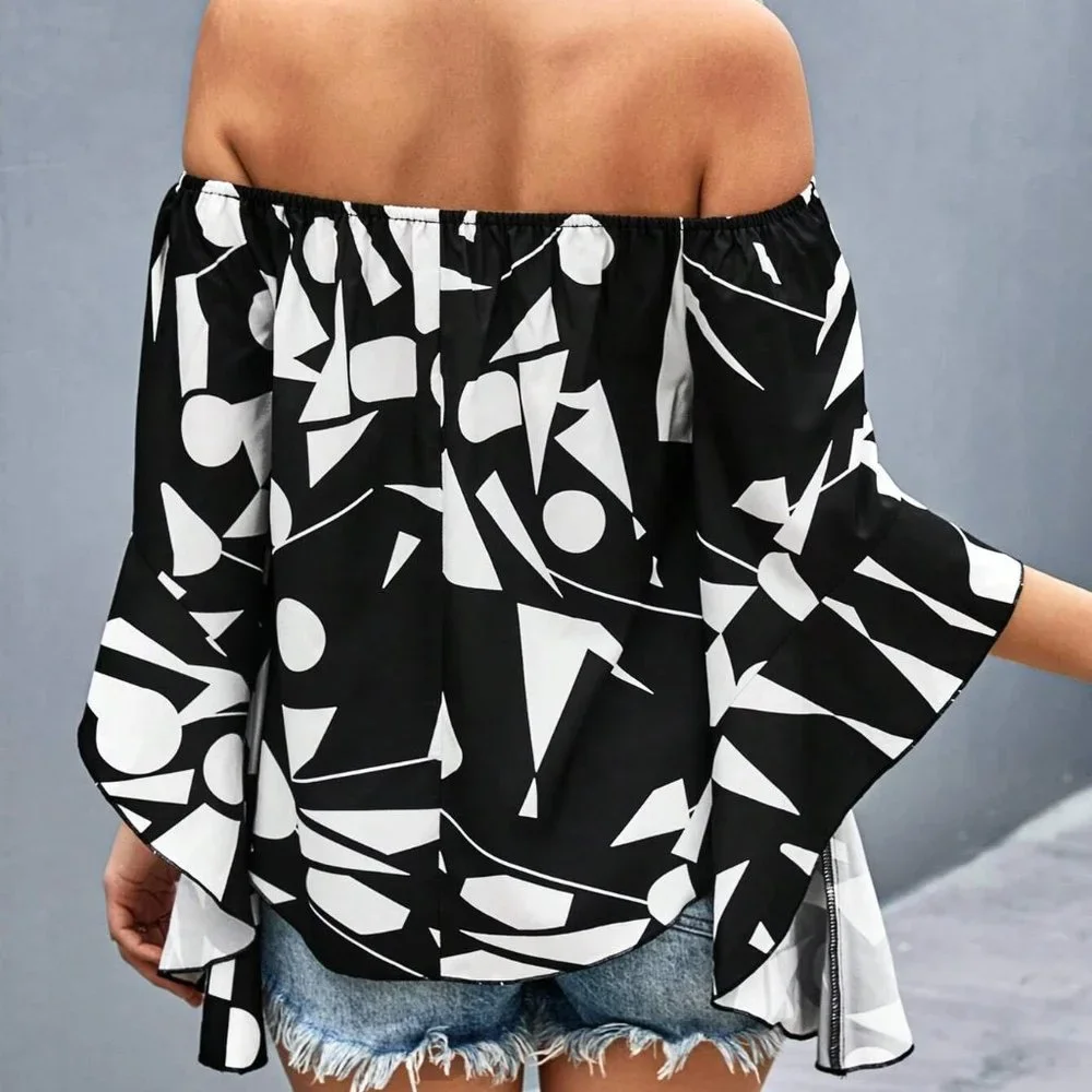 Black And White Boho Geo Print Off Shoulder Flounce Sleeve Blouse - Picture 2 of 5